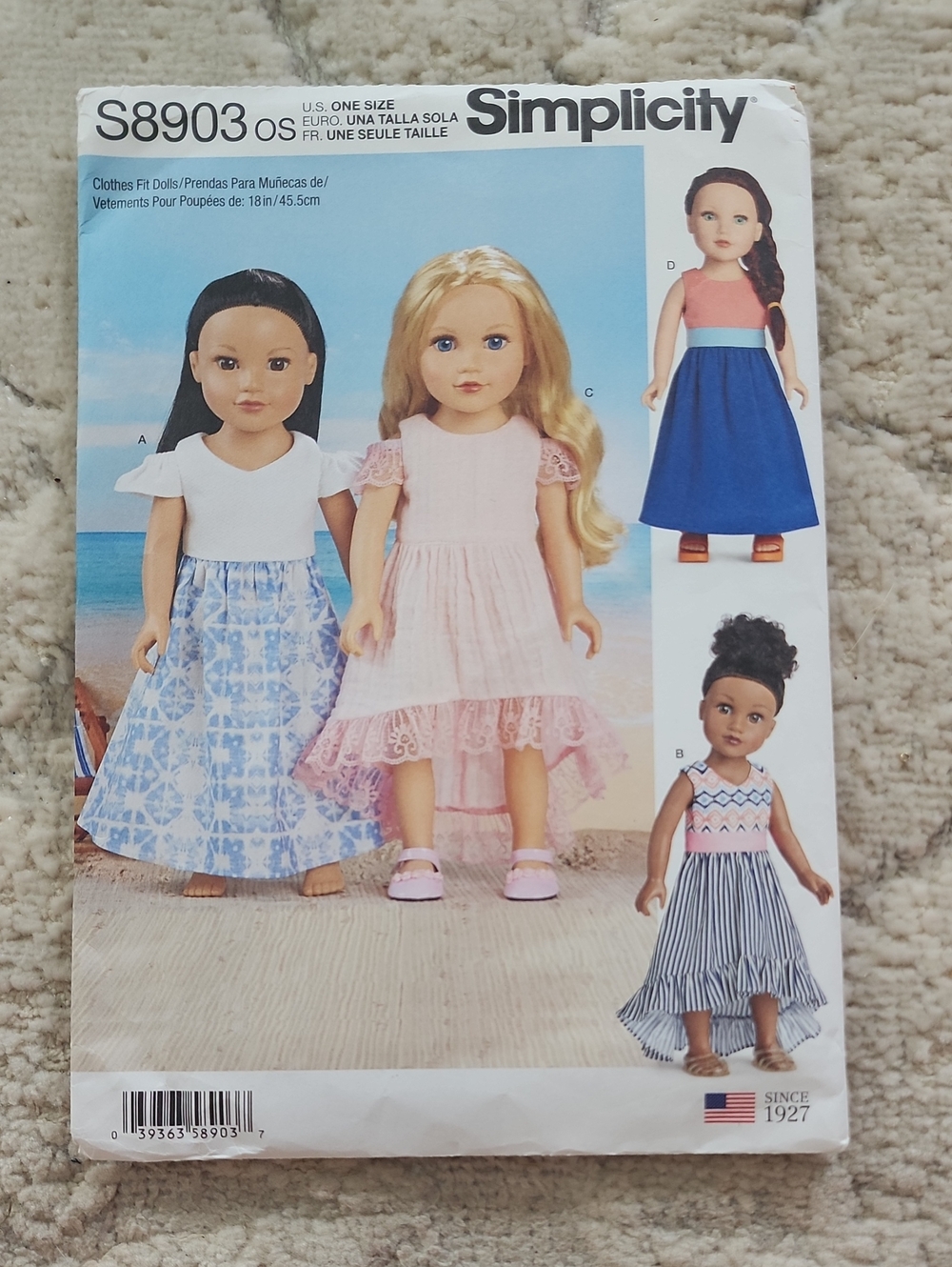 Simplicity Doll Dress Sewing Pattern - Pink, Blue & White Dresses